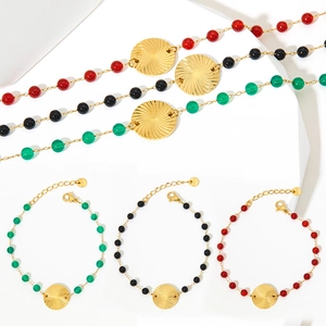 Vintage Stainless Steel Beaded Bracelet For Women With Agate Beads And Sunburst Round Pendant Elegant Palace Style Adjustable