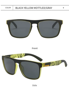 Front and side view of black and yellow sports polarized sunglasses with zebra patterned temples