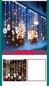 Close-up of white snowflake and snowman static cling decals for Christmas window display