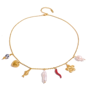 18k gold plated stainless steel necklace with multi-charms pearls and colorful pendants