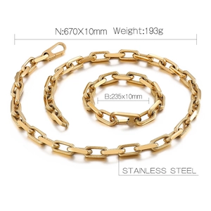 Detailed specs for 10mm gold stainless steel chain necklace and bracelet set