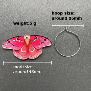 Pink acrylic moth earrings with silver hoops and moon pattern for women jewelry