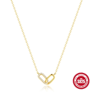 S925 sterling silver interlocking double ring necklace with sparkling white zircons