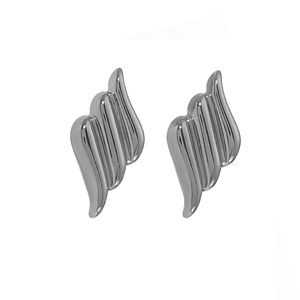 Detailed macro view of 18k gold angel wing earrings with vertical textured grooves