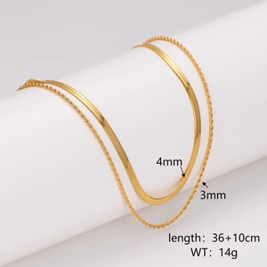 Golden stainless steel flat snake and twist chain necklace set on white display