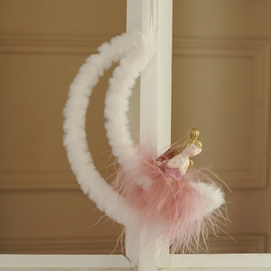 Pink feather ballet girl on a moon ornament for Christmas tree and home decor