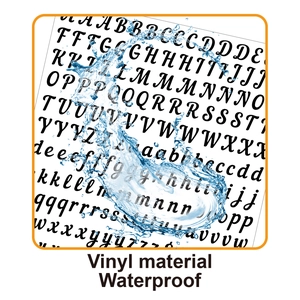 Macro shot of waterproof black vinyl letter stickers showing splash resistance on white