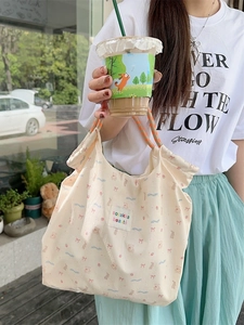 Japanese style canvas tote bag with colorful bear prints and plaid handles for women