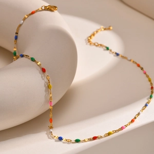 Stainless Steel Colorful Enamel Bead Station Necklace For Women IP Gold Plated Adjustable Chain Fashion Jewelry Gift