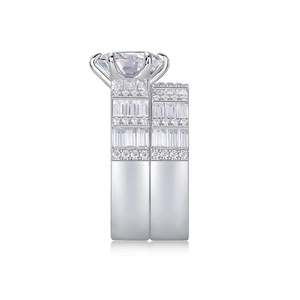 Luxurious S925 silver set with a 3-carat round moissanite ring and a matching diamond band