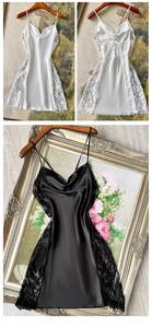 Detail of silk satin nightgown featuring delicate eyelash lace trim and V-neckline