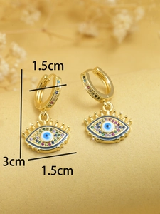 Detailed dimensions of gold evil eye earrings with colorful zircons and size markings