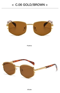 Detail view of gold hexagonal metal sunglasses with tortoise temples and brown lenses