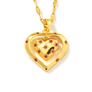Minimalist golden double heart pendant necklace with red gemstones and star detail