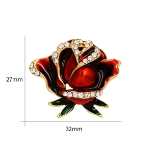 Detailed view of red enamel rose brooch showing dimensions 27mm height and 32mm width
