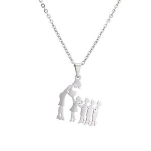 Polished stainless steel family necklace featuring a mother and four children silhouette
