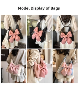 Collage of model wearing a vintage butterfly bow handbag in multiple colors and styles
