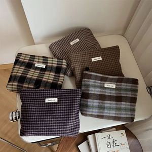 Vintage Plaid Woolen Cosmetic Bag Retro Zipper Makeup Pouch Women Travel Toiletries Organizer Simple Clutch