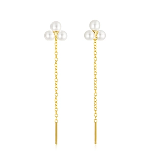 Detail of 925 silver gold chain earrings with triple pearl cluster on white backdrop