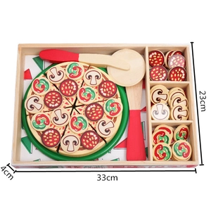 Detailed overhead shot of wooden pizza toy set with dimensions 33x23x4cm in white background