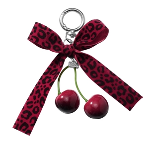 Exquisite bow keychain with red leopard pattern and decorative faux cherry charms