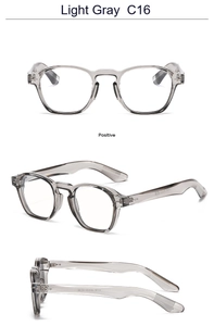 Detailed views of light gray transparent round sunglasses frame with silver rivet accents