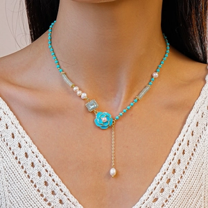 Bohemian Beaded Pendant Necklace With Blue Enamel Flower Artificial Pearl Zircon Square Gemstone For Women Elegant Style