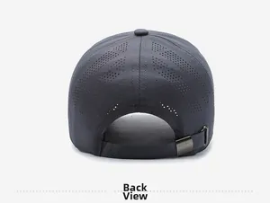 Detail of dark gray quick-dry baseball cap featuring laser-cut ventilation and metal buckle