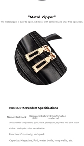 Detail view of smooth dual golden zippers and textured black leather laptop backpack