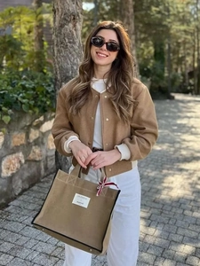 Y2K style brown colorblock bomber jacket with stand collar and double pockets for women