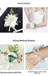 Detail of white silk rose boutonniere and wrist corsage with golden ribbon and safety pin