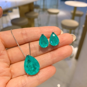 Bijoux Simples en Cuivre Plaqué Or Blanc Pour Femmes Collier Pendentif Boucles d'Oreilles Zirconia Vert Émeraude Bleu Paraïba