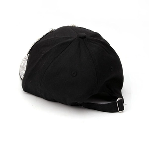 Fashionable black baseball cap for women with silver rhinestones and adjustable metal buckle