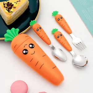 Close-up of carrot-themed stainless steel kids cutlery set with storage box and cute handles