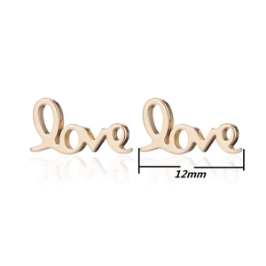 Minimalist gold Love script stud earrings for couples with 12mm width measurements