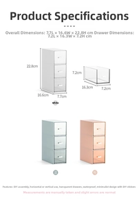 Detailed dimension guide for stackable desktop drawer organizer with clear compartments