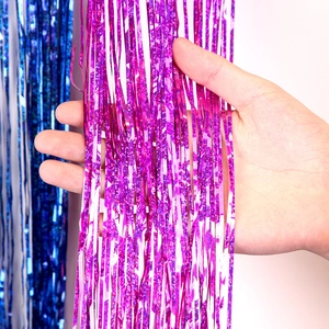 Pink and blue laser tinsel foil fringe curtains for festive party DIY decorations