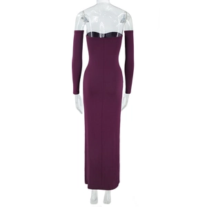 Back view of a purple ruched tube dress with matching separate long sleeves on a mannequin