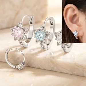 Star Hoop Earrings Copper Zircon Inlaid Dainty Minimalist Star-Shaped Jewelry Accessories For Women Trendy Silver Color