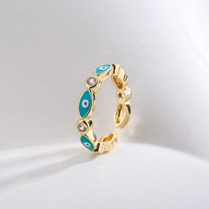 18K gold plated eye-shaped open ring with turquoise enamel and zircon stones