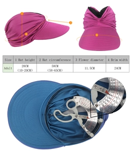 Detailed size chart for sun hat showing brim width and head circumference measurements