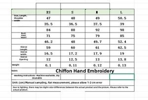 Detailed size chart for women long sleeve V-neck chiffon shirt from XS to L