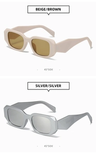 Detail view of square frame sunglasses in beige-brown and metallic silver options