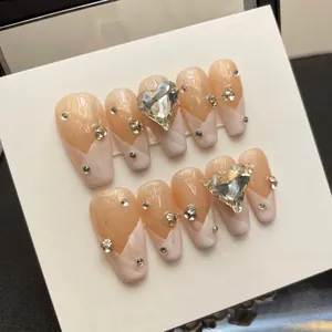 Faux Ongles À Presser À La Hand Style Français Rose Nude Dégradé Motif Marbre Strass Cœur Ongles Artificiels Élégants Pour Femmes