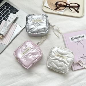 Quilted heart and bow PU leather storage pouch set for cosmetics and hygiene items