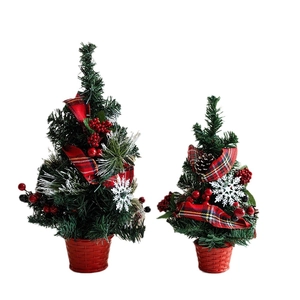 Nordic mini Christmas tree set with red berries, pine cones and plaid ribbons on white background