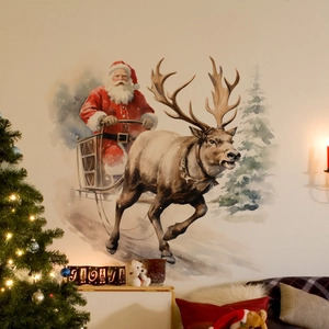 Watercolor Christmas wall stickers featuring Santa, reindeer, and sleigh for home decor