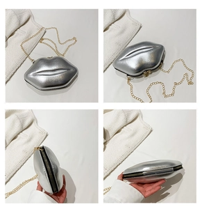 Detailansicht der silbernen Lippen-Tasche mit goldener Kette und Reißverschluss