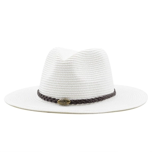 Detailed view of white woven straw fedora featuring a brown band and metallic bull buckle