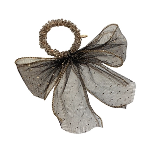 Fairy black mesh bow hair tie with gold sequins and crystal beaded elastic band on white